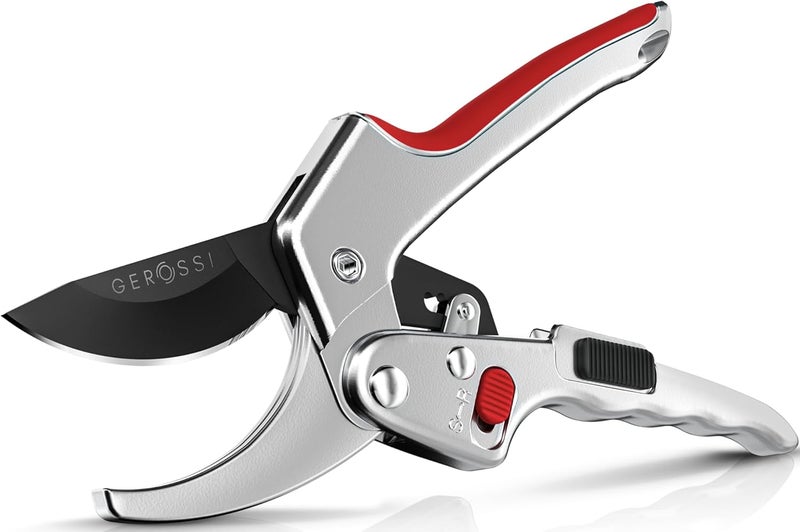 GEROSSI Ratchet Pruning Shears for Gardening Heavy Duty - Increases Cutting Power 3x - Perfect Ratchet Pruners for Weak Hands & Arthritis - 8” Anvil Garden Clippers - Sharp Blade for Effortless Cutting - Red - Image 1